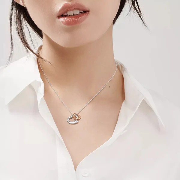 Tiffany & Co.蒂芙尼Elsa Peretti®系列 925純銀及18K玫瑰金Open Heart鏤空心形吊墜項鍊