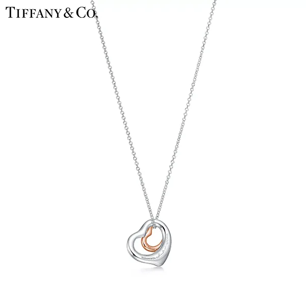 Tiffany & Co.蒂芙尼Elsa Peretti®系列 925純銀及18K玫瑰金Open Heart鏤空心形吊墜項鍊