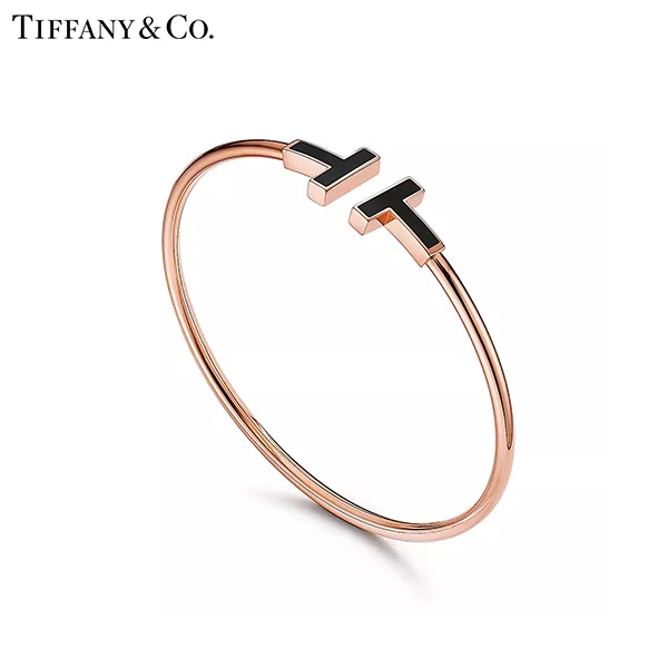 蒂芙尼 Tiffany T Wire 18K 玫瑰金鑲嵌黑色縞瑪瑙線圈手鐲